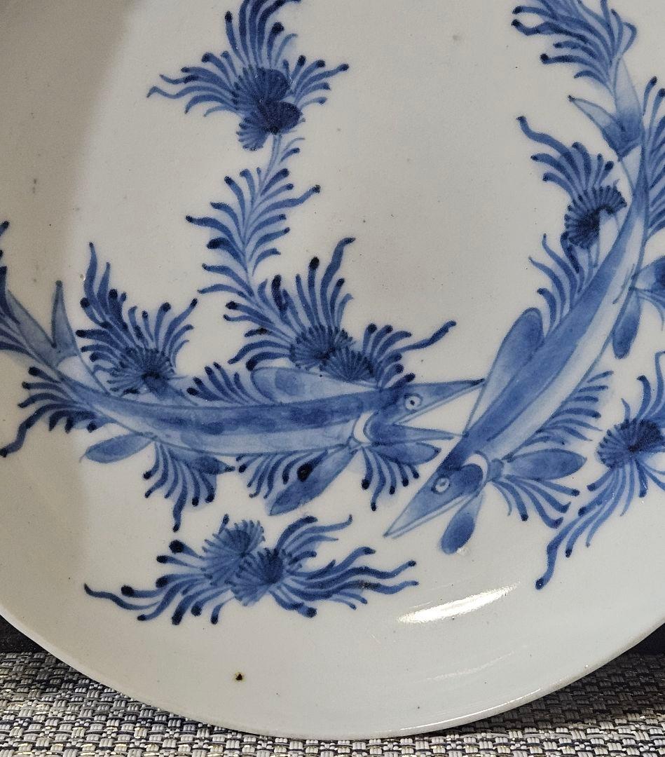 【名品❗】江戸時代前期〜中期　藍九谷様式 鮎の図　16.8cm皿　皿裏　唐草文様