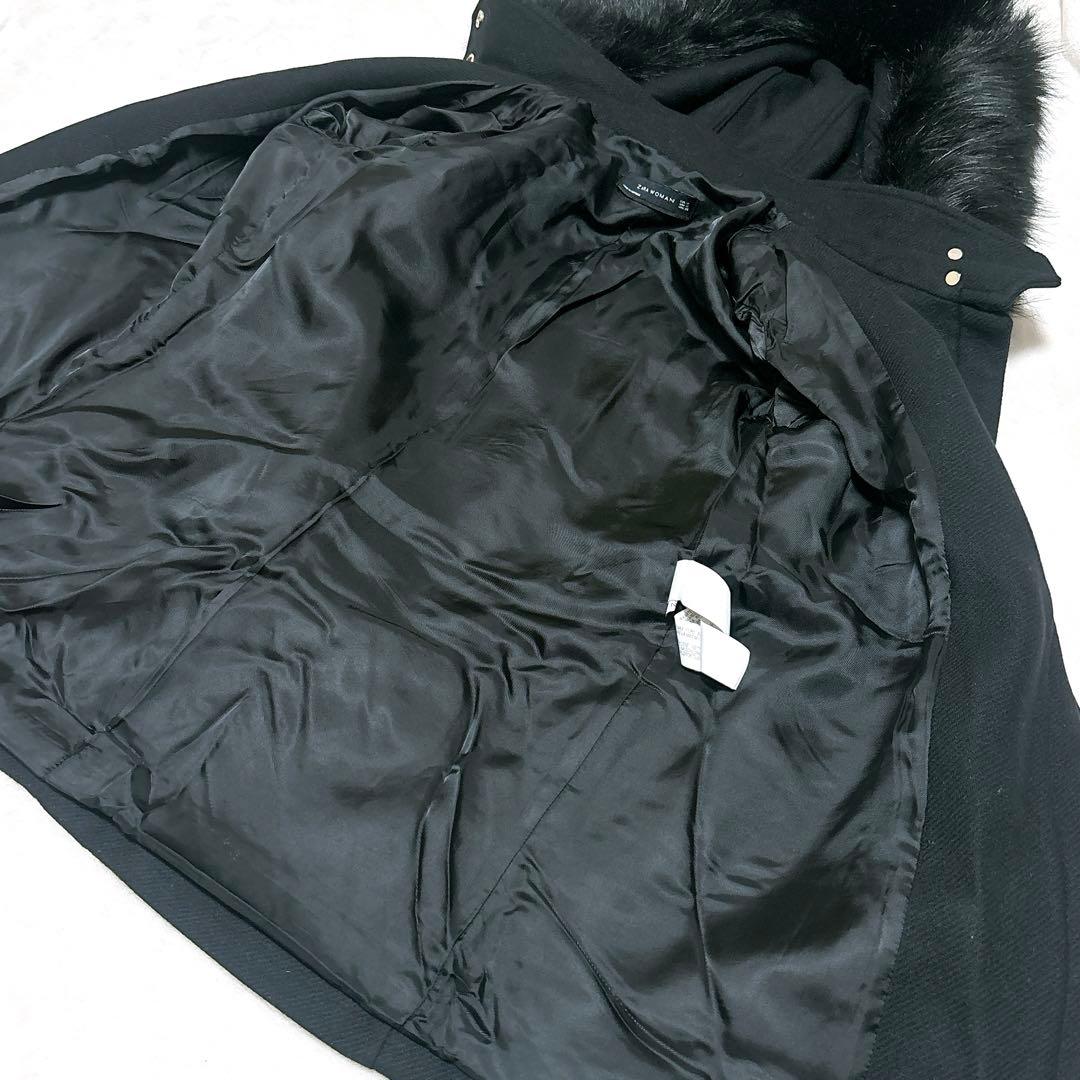 【ZARA WOMAN】ダッフルコート　2WAY ラクーン　ベルト　黒　L相当
