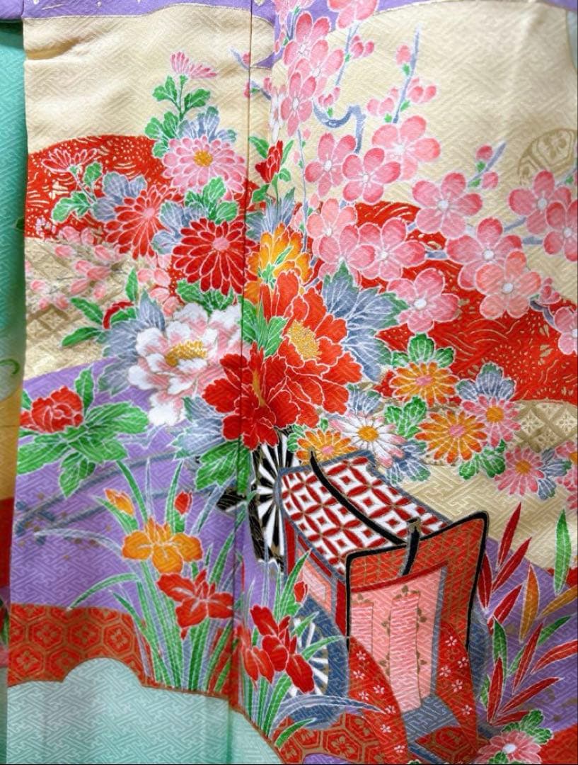 エメラルドグリーン　正絹着物　七五三　7歳　女の子　帯・はこせご一式セット