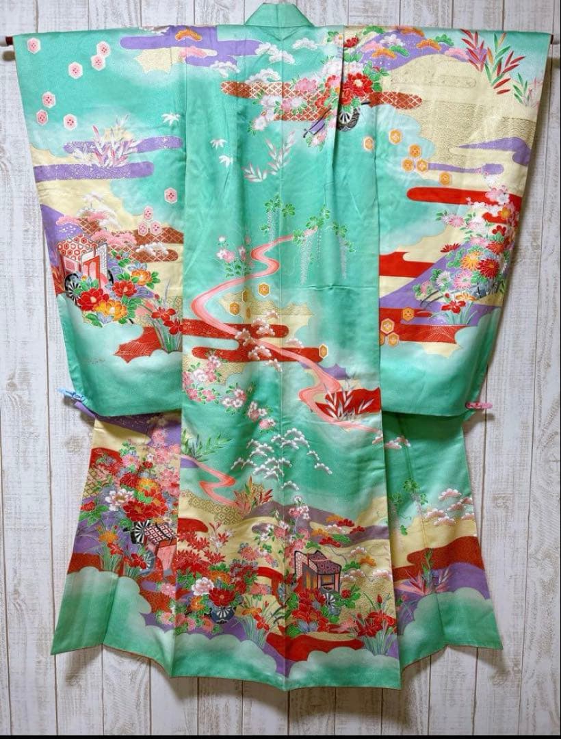 エメラルドグリーン　正絹着物　七五三　7歳　女の子　帯・はこせご一式セット