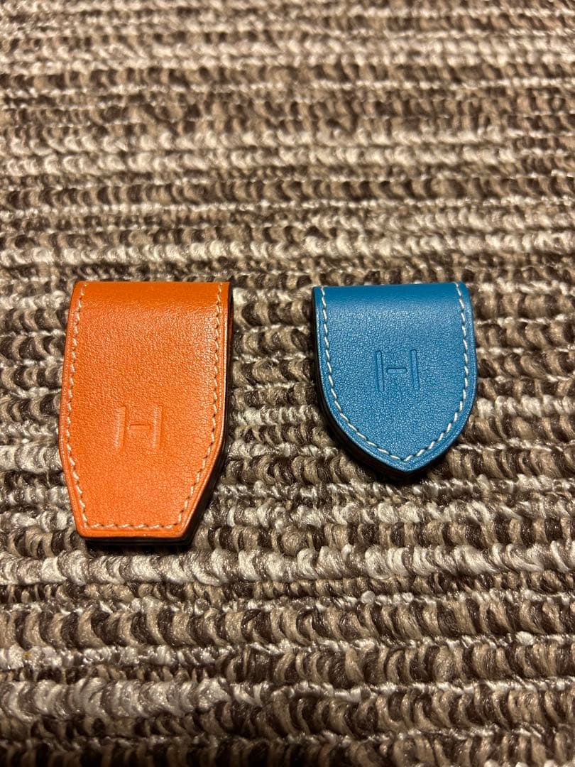 エルメス レザー マネークリップ オレンジ ターコイズ