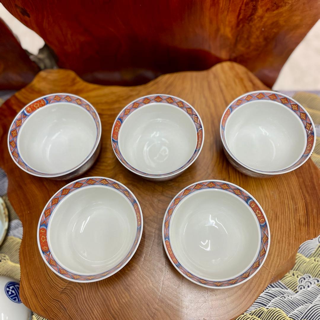 希少　龍峰窯　金彩 祥瑞花紋　蓋付き どんぶり　5客　丼鉢　古伊万里未使用に近い