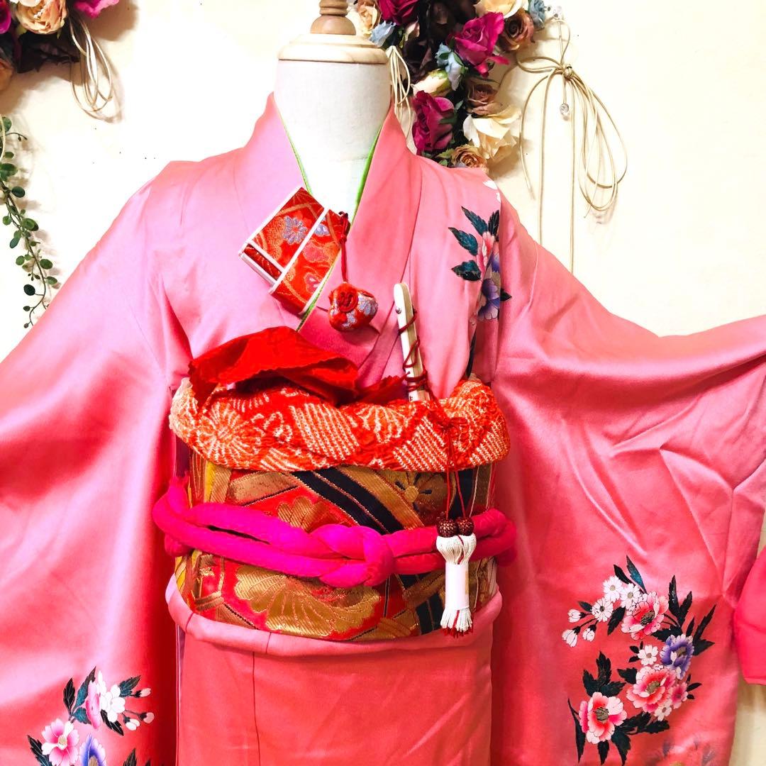 七五三七歳‼正絹可愛いピンクに花々金箔金彩煌びやか際立つ❤️完全フルセット