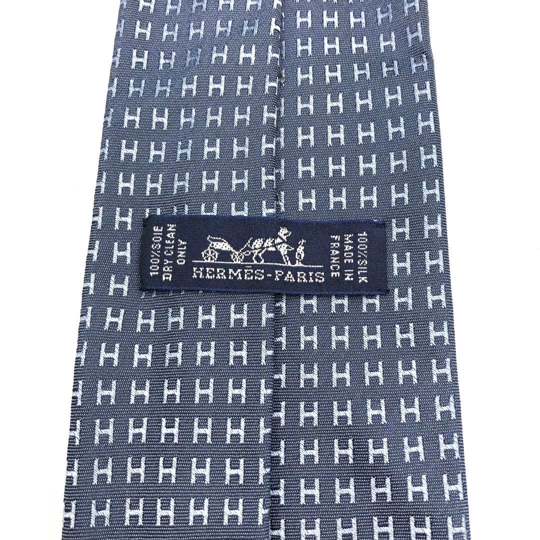 【美品】HERMES ネクタイ ファソネ H織 H柄 ブルーグレー