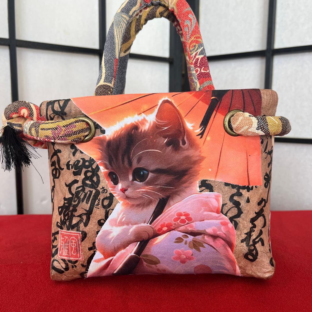 Yupin 和傘猫 一閑張り バッグ かごバッグ ハンドバッグ 古文書