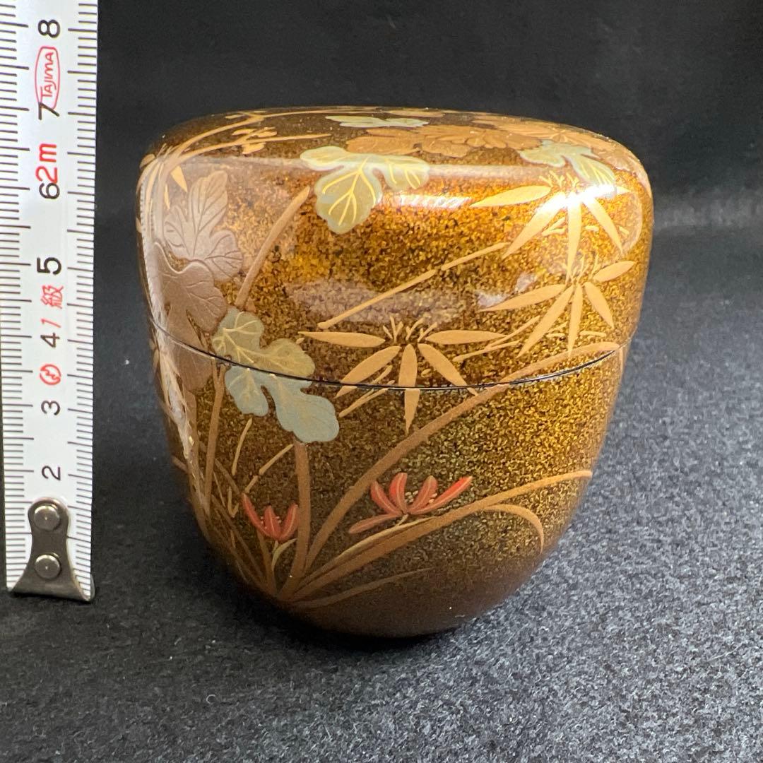 輪島塗　山下春甫造　梨地四君子蒔絵中棗　共箱　高さ約7㎝　東Y8-0106☆2F