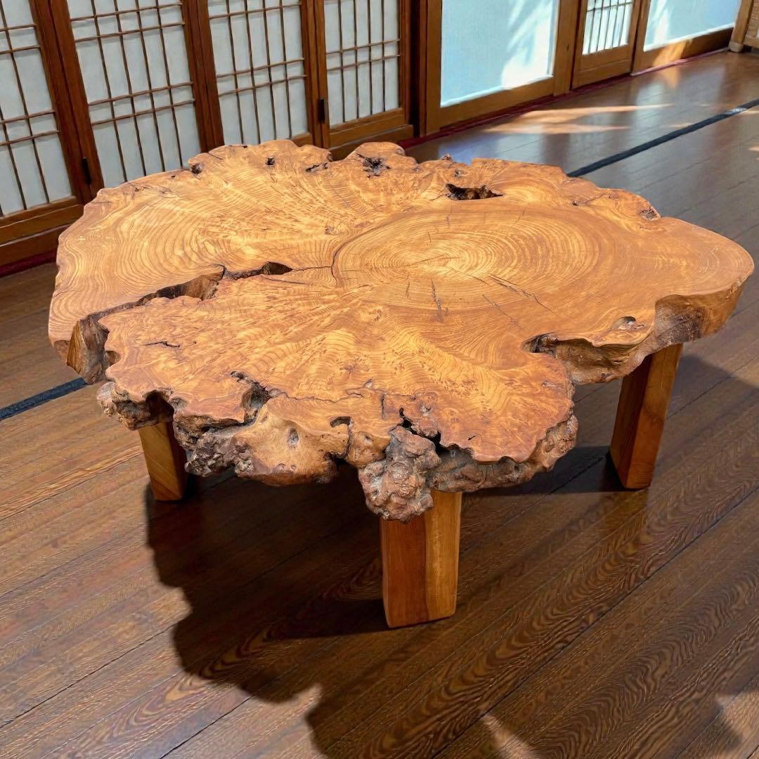 座卓　バール杢 ポプラ 一枚板 無垢材 瘤杢 チギリ ダイニングテーブル 希少