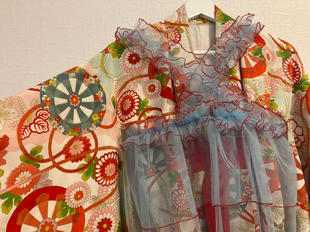 七五三　チュール　七五三　被布　チュール　水色　女の子　レトロ　着物　エプロン