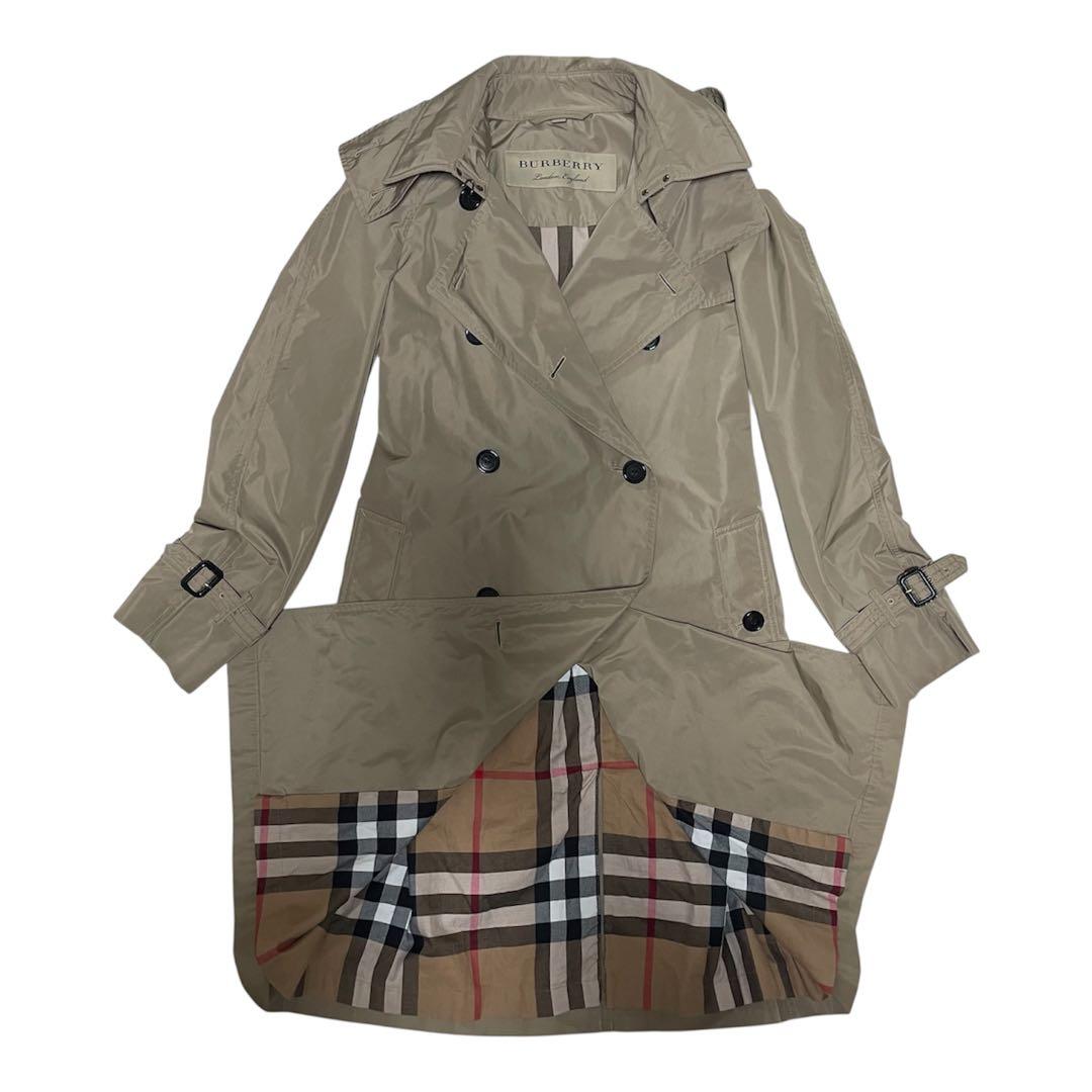 美品 近年モデル バーバリー 軽撥水 フード付 トレンチコート メガチェック40