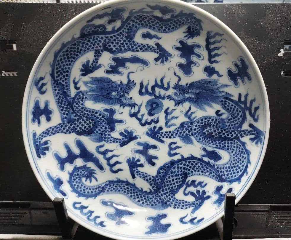 清朝期 染付 中皿 龍文 宝珠文 唐物 中国美術 中国古玩 骨董