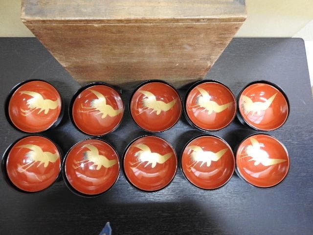 長野横笛　黒地鶴蒔絵　吸物椀10客　共箱有　MA388