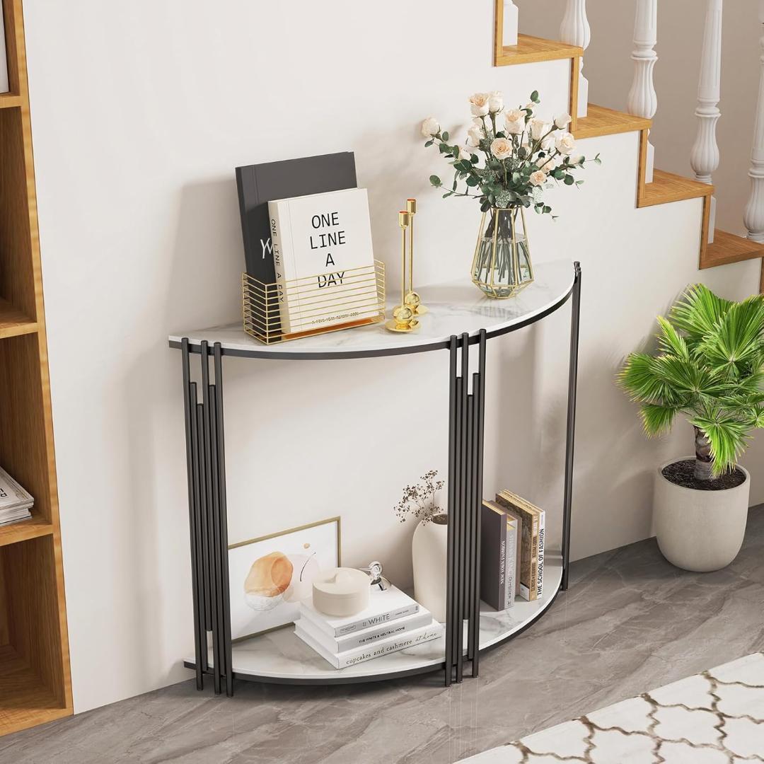 Wisfor コンソールテーブル スリム 半円テーブル セラミック ホワイト