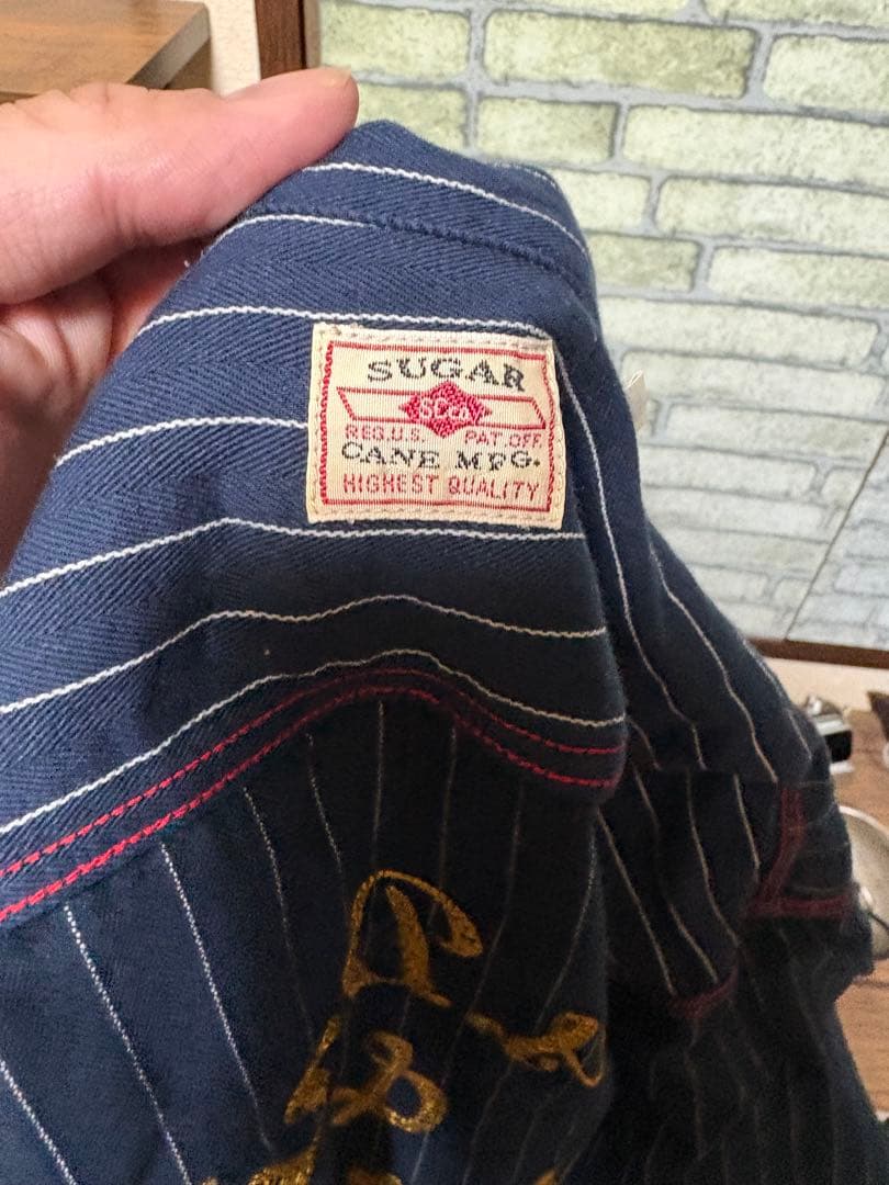 SUGAR CANEシュガーケーン 刺繍コークストライプシャツ NAVY