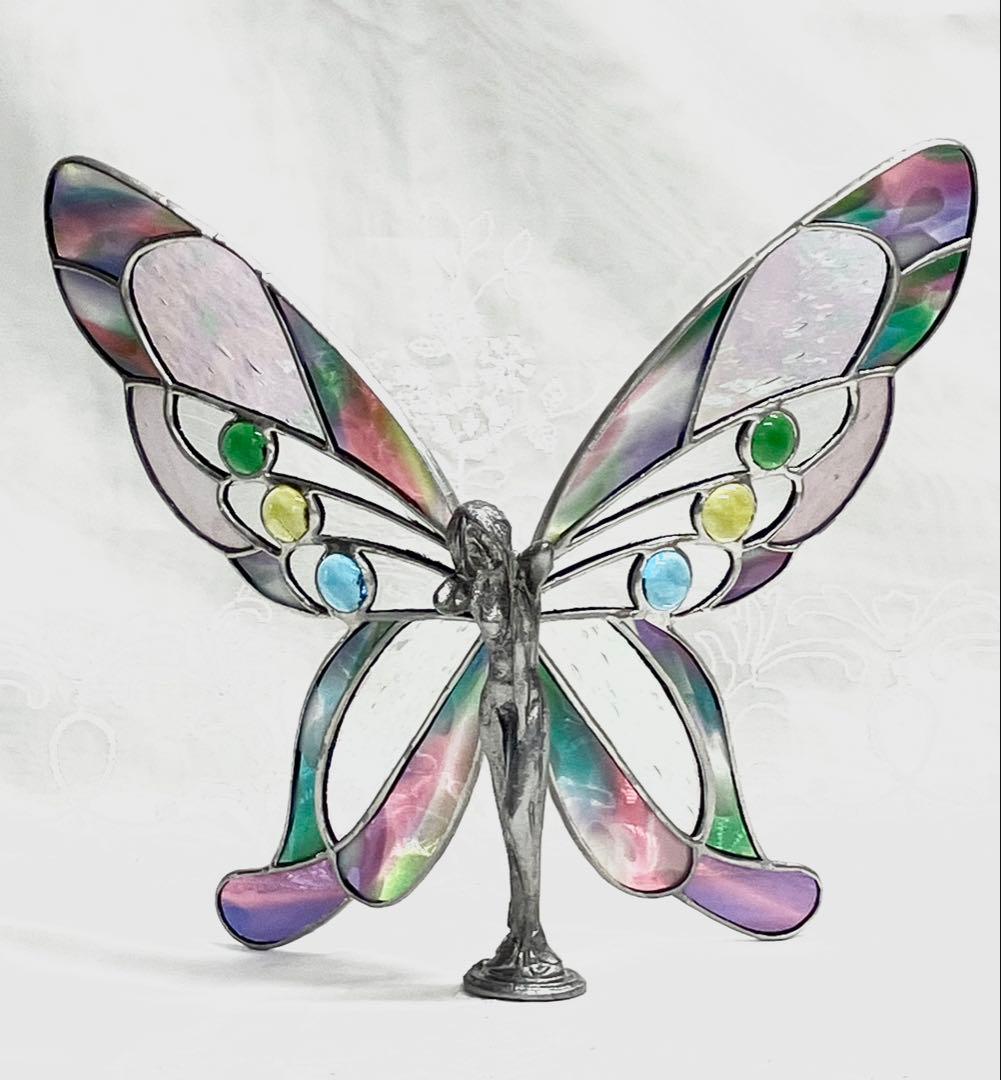 ステンドグラスのバタフライレディ　蝶の置物　フリモントのアンティークガラス使用