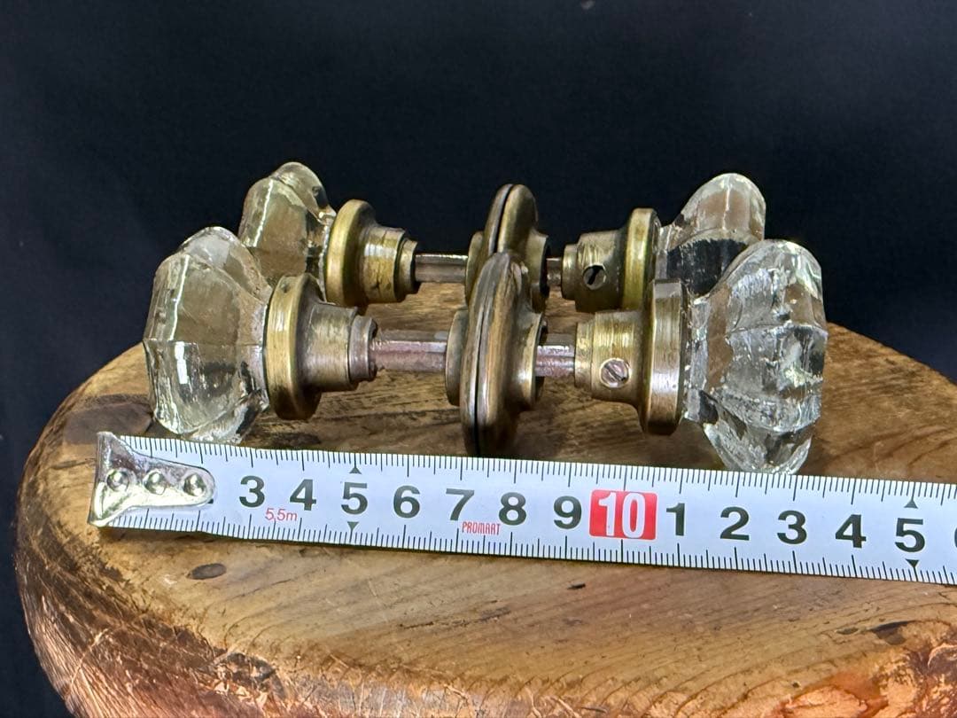 時代 アンティーク ガラス ドアノブ 2点 真鍮 硝子 ブラックライト反応