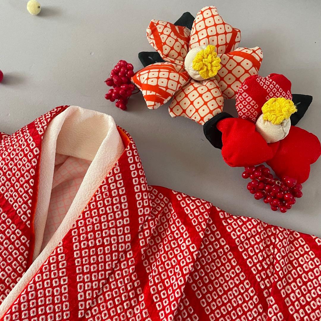 七五三　3歳　正絹　総絞りのお着物セット　赤色半幅帯コーデ