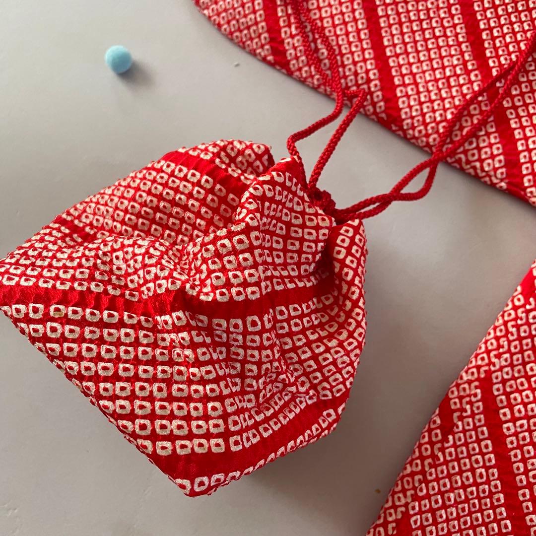 七五三　3歳　正絹　総絞りのお着物セット　赤色半幅帯コーデ