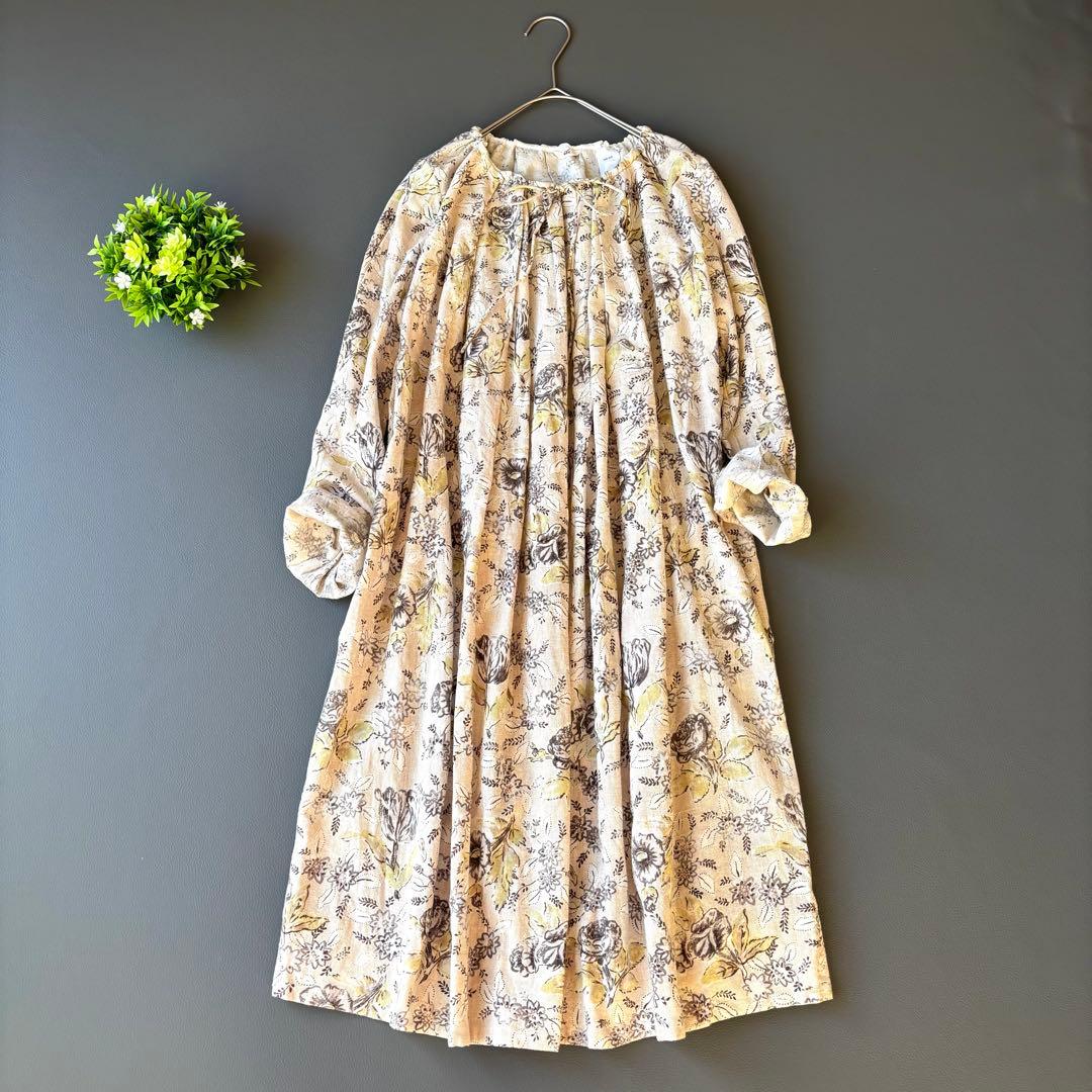 45R ギャザースモック　チュニック　ワンピース　カディコットン　花柄　リボン