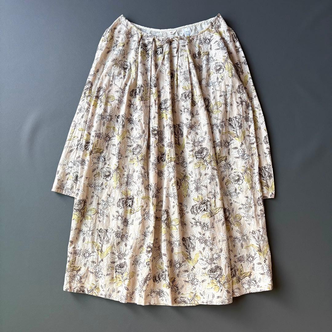 45R ギャザースモック　チュニック　ワンピース　カディコットン　花柄　リボン