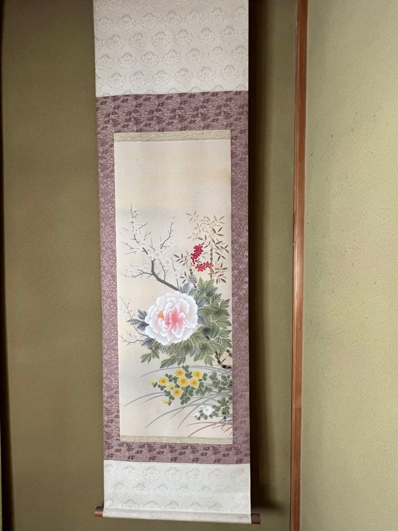 掛け軸 四季花 絹本 希少 軸装 茶道具 掛軸