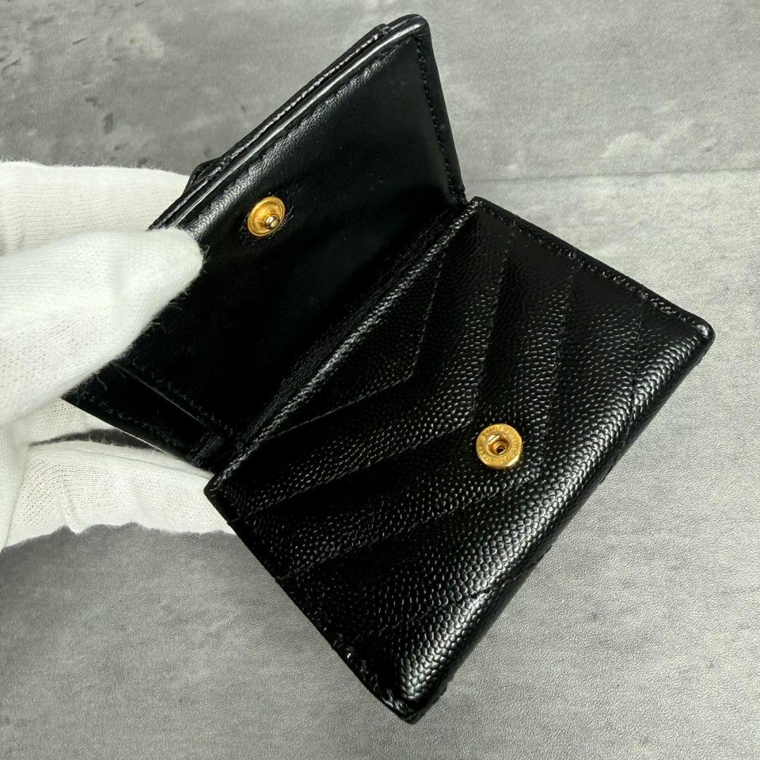 ★美品★サンローラン 三つ折り財布 Vステッチ キャビアスキン YSL ブラック