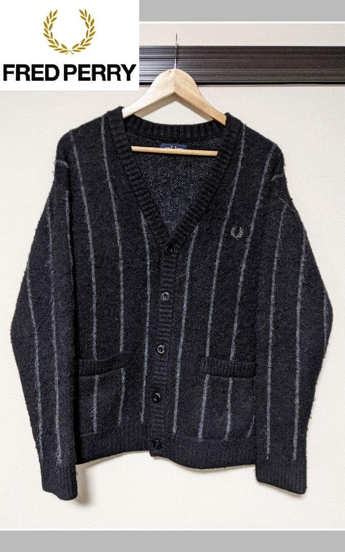 【FRED PERRY】ニットカーディガン/ストライプ/ウール/刺繍/ロゴ/古着