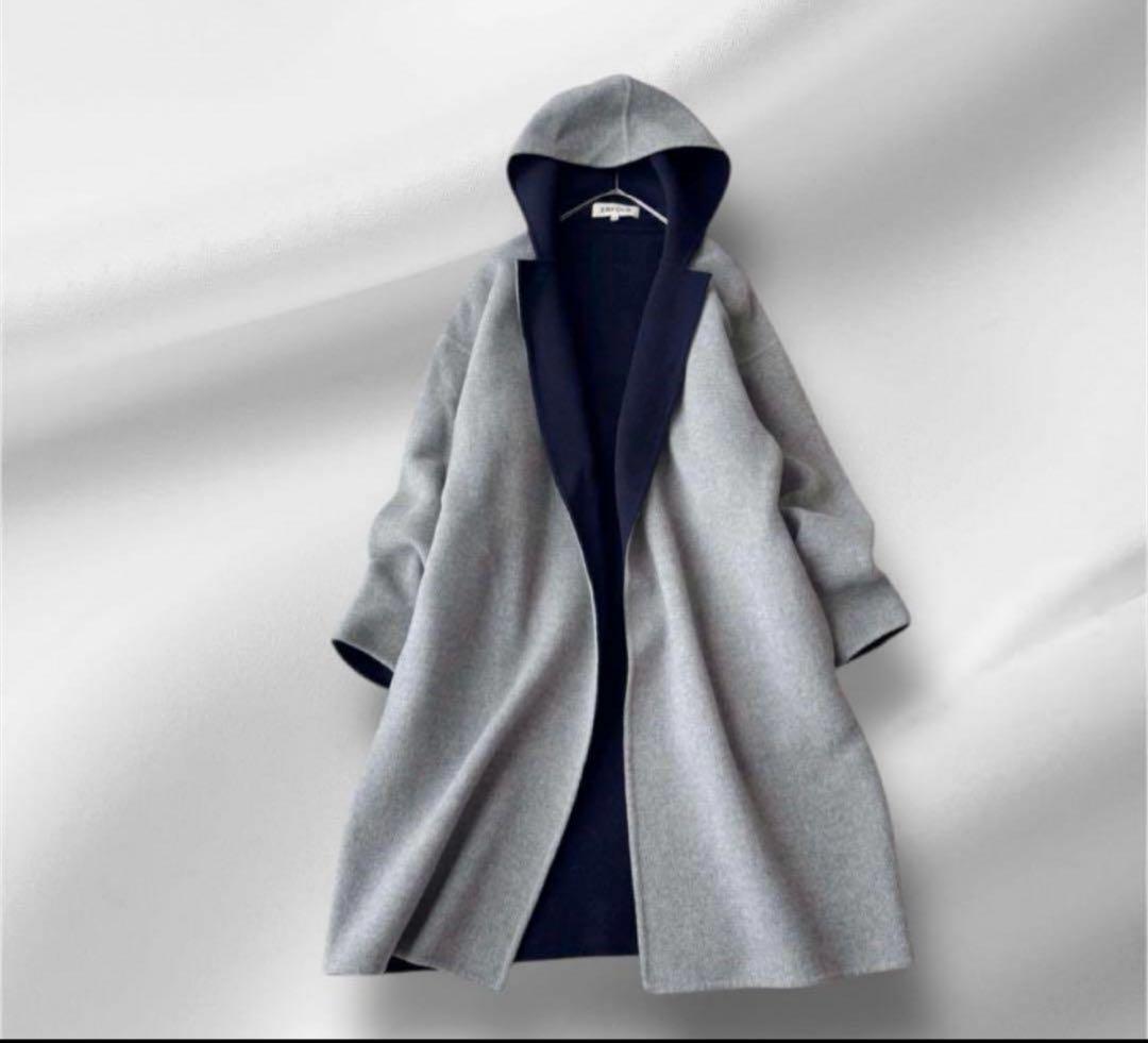 ENFOLD ソフトリバーフーデットコート /グレー ✖︎ネイビー38