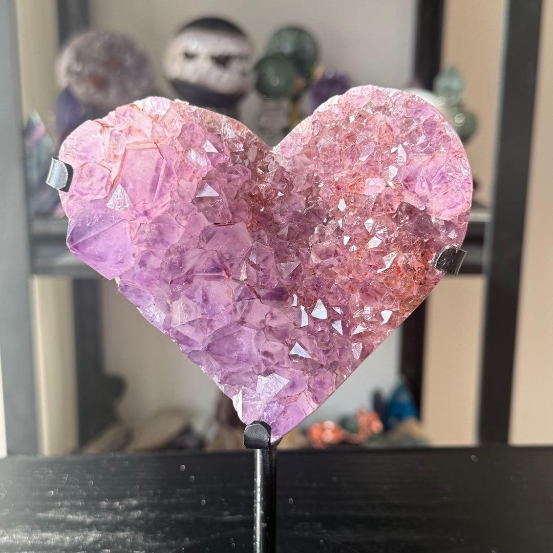天然石タイチンルチルクォーツ共生アメジストのハート　置物NO.010913