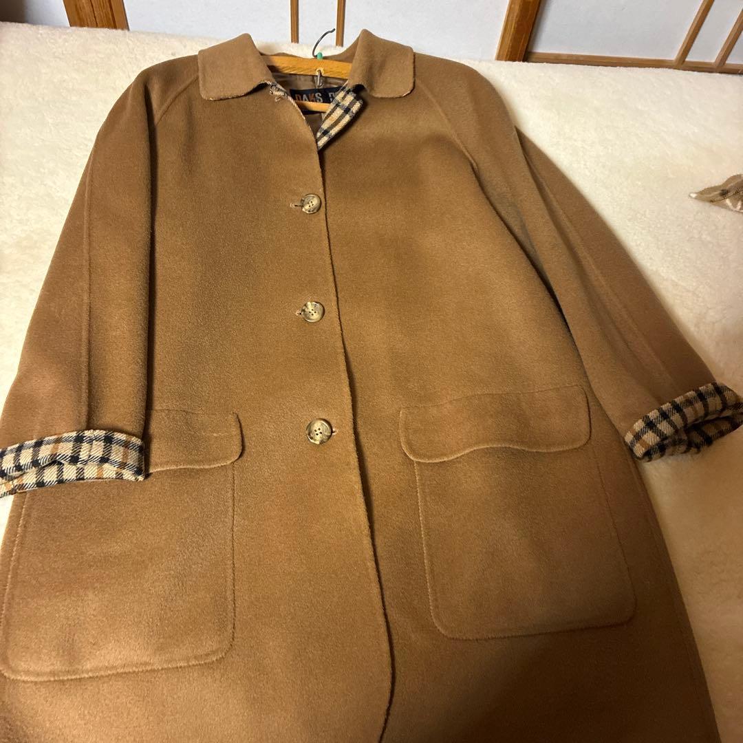 DAKS 茶ロングコート M 毛100. ハウスチェック柄