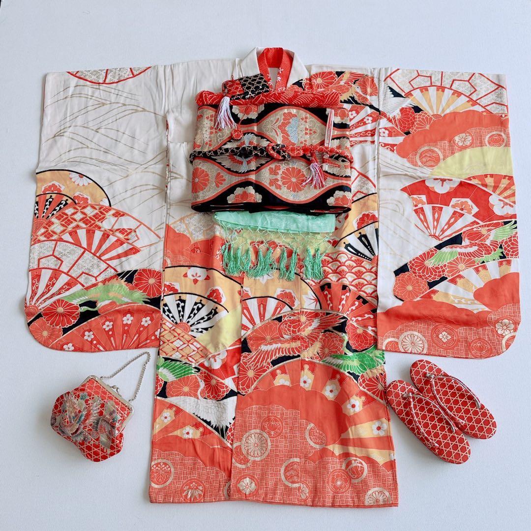 フルセット　七五三　7歳女の子　源氏車　鶴　金糸　金プリント　黒袋帯　菊7071