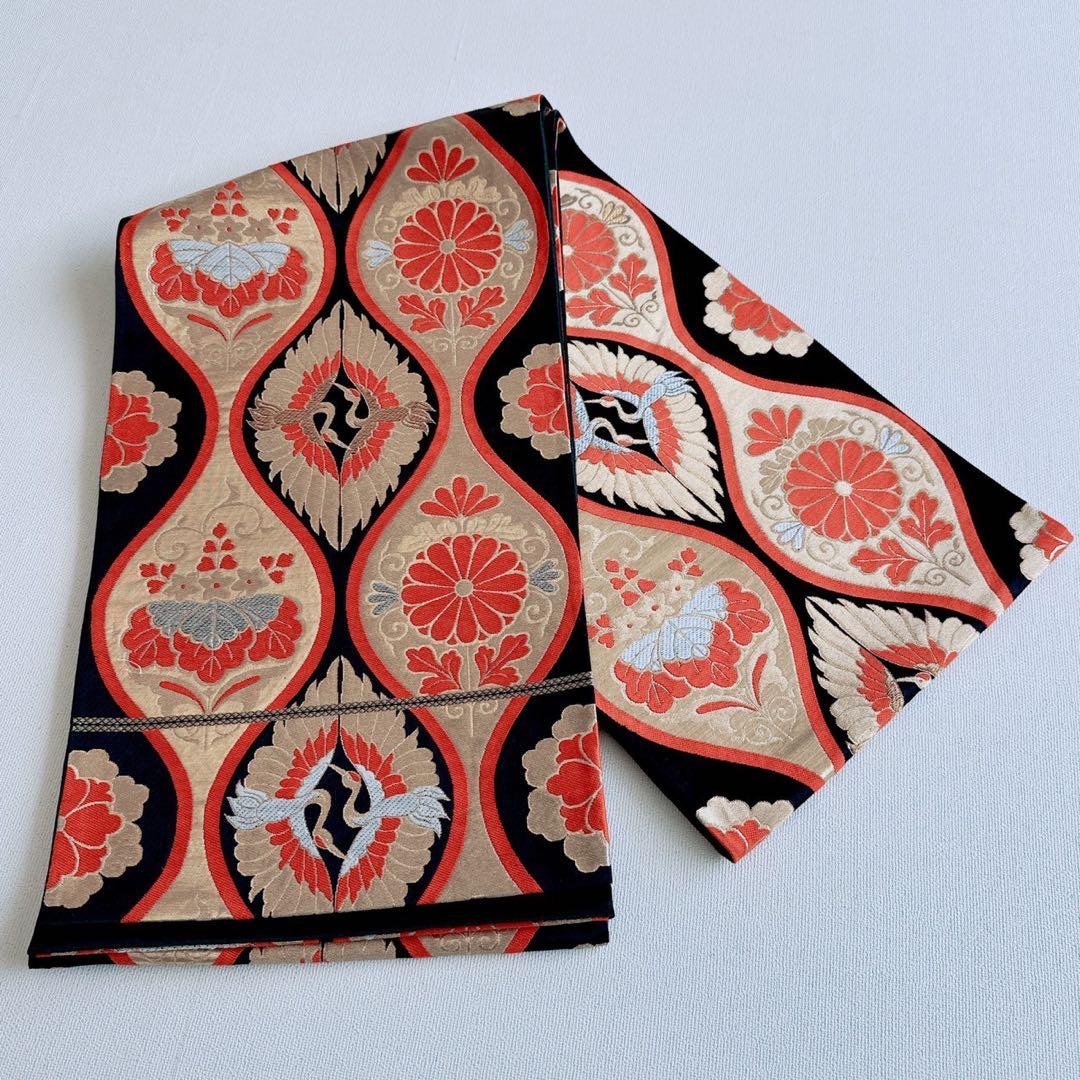 フルセット　七五三　7歳女の子　源氏車　鶴　金糸　金プリント　黒袋帯　菊7071