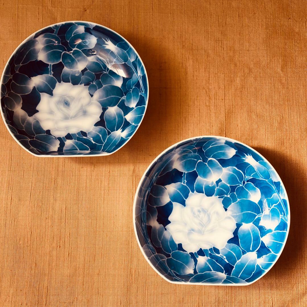 (希少) 深川製磁　古代バラ　半月皿　小皿　2枚　古代薔薇　手書き　有田焼