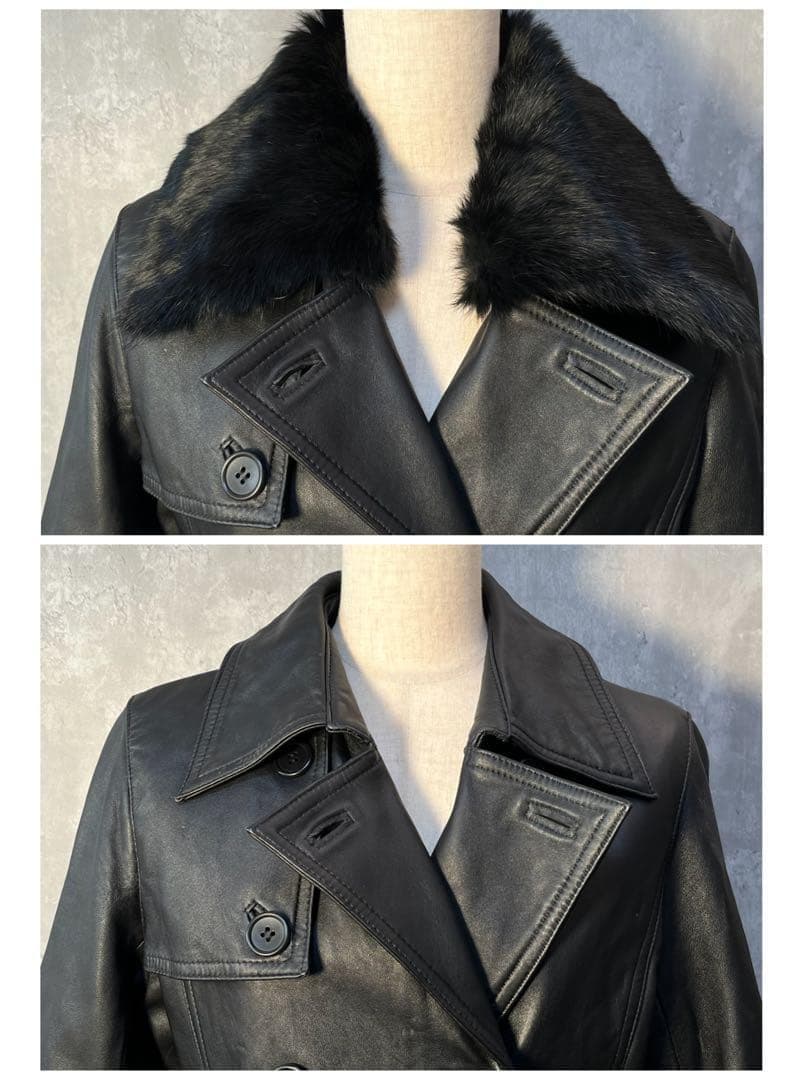 美シルエット☆本革 羊革 ヴィンテージ レザートレンチコート ラビットファー衿付