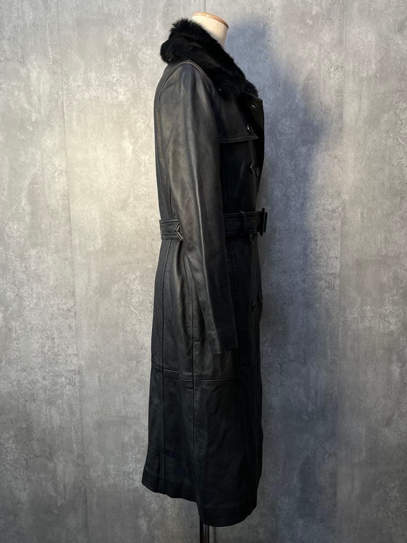 美シルエット☆本革 羊革 ヴィンテージ レザートレンチコート ラビットファー衿付