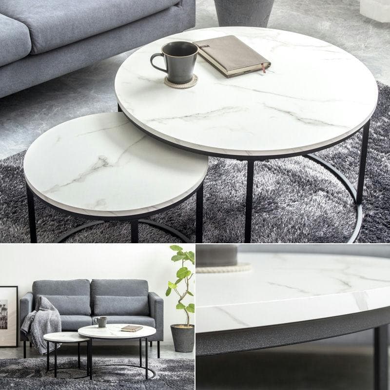 円形ネストテーブル 大小2点セット ストーン(ホワイト大理石柄) [2045]
