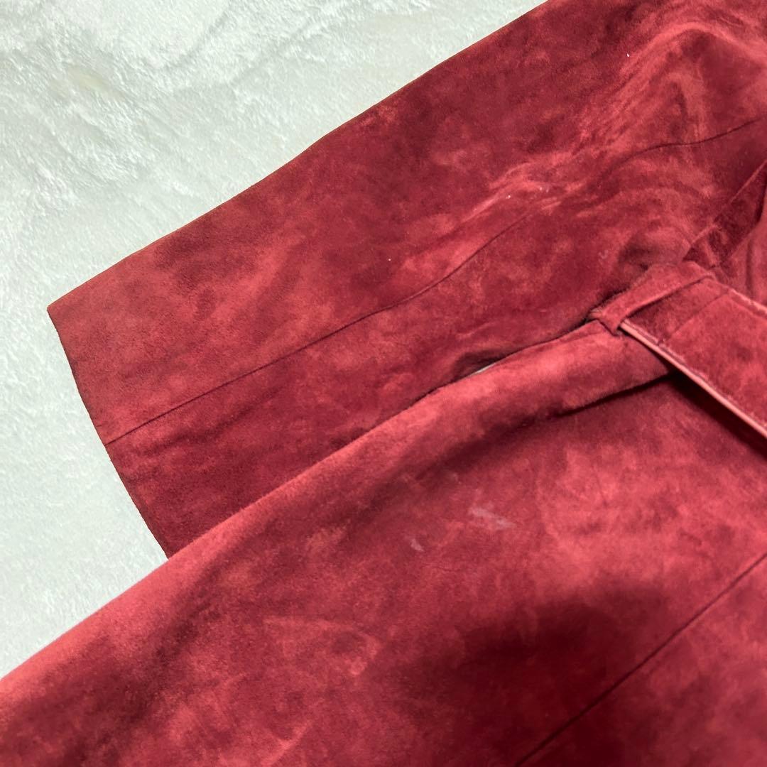 本牛革　ファー付きスウェードコート　赤　バーガンディ　ベルト付きロング　11