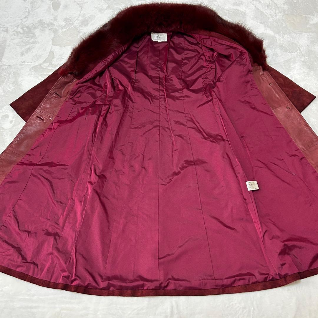 本牛革　ファー付きスウェードコート　赤　バーガンディ　ベルト付きロング　11