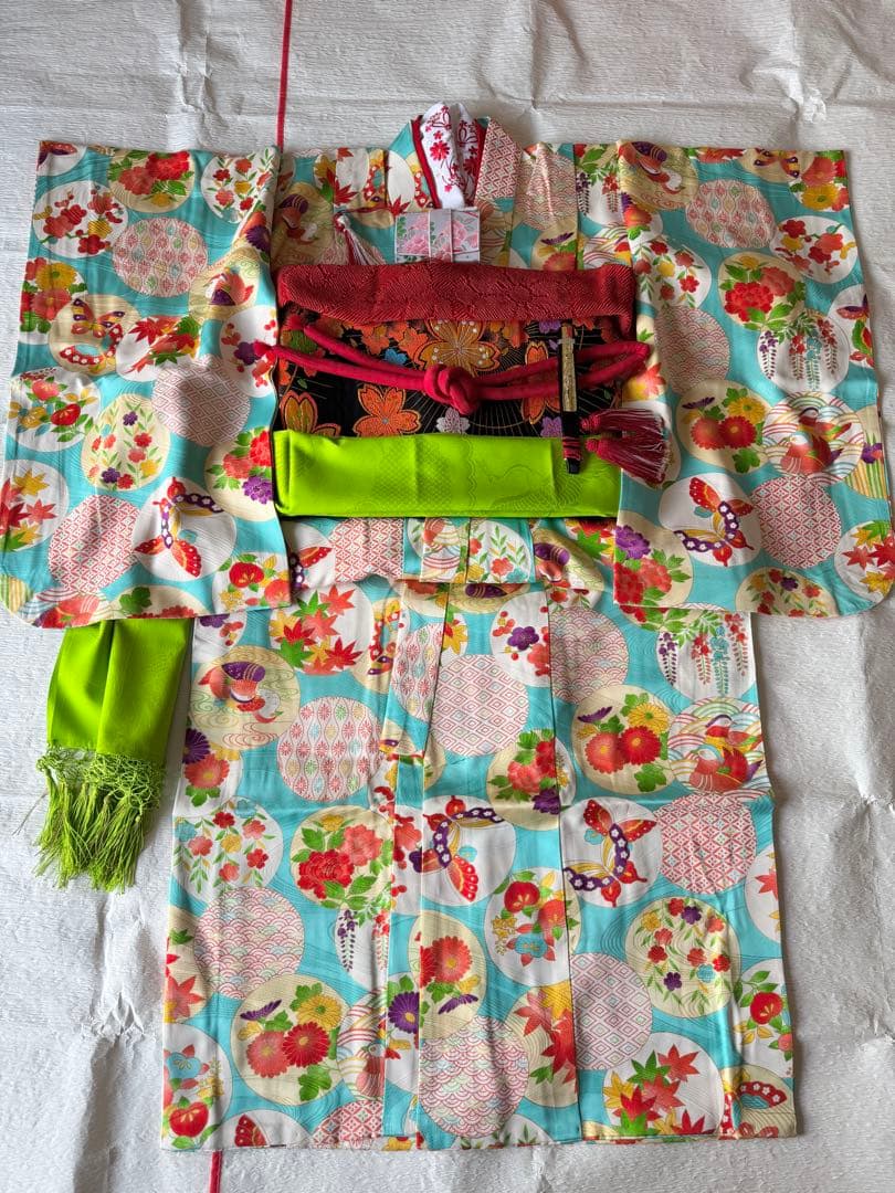 専用です★正絹水色に四季の花々　七歳着物セット