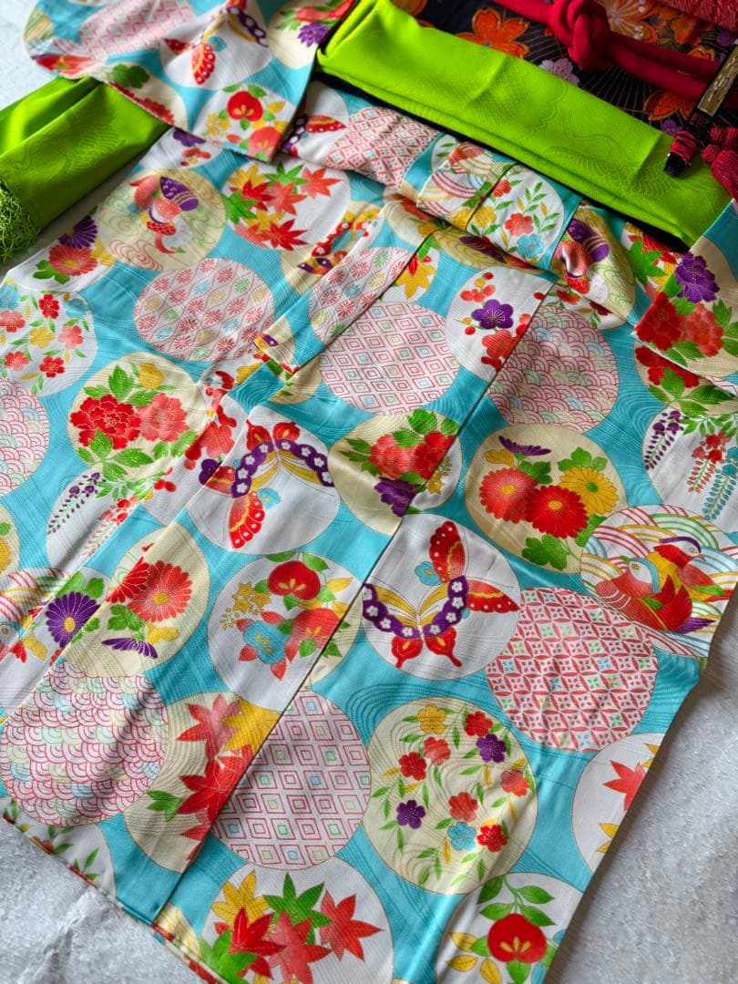 専用です★正絹水色に四季の花々　七歳着物セット