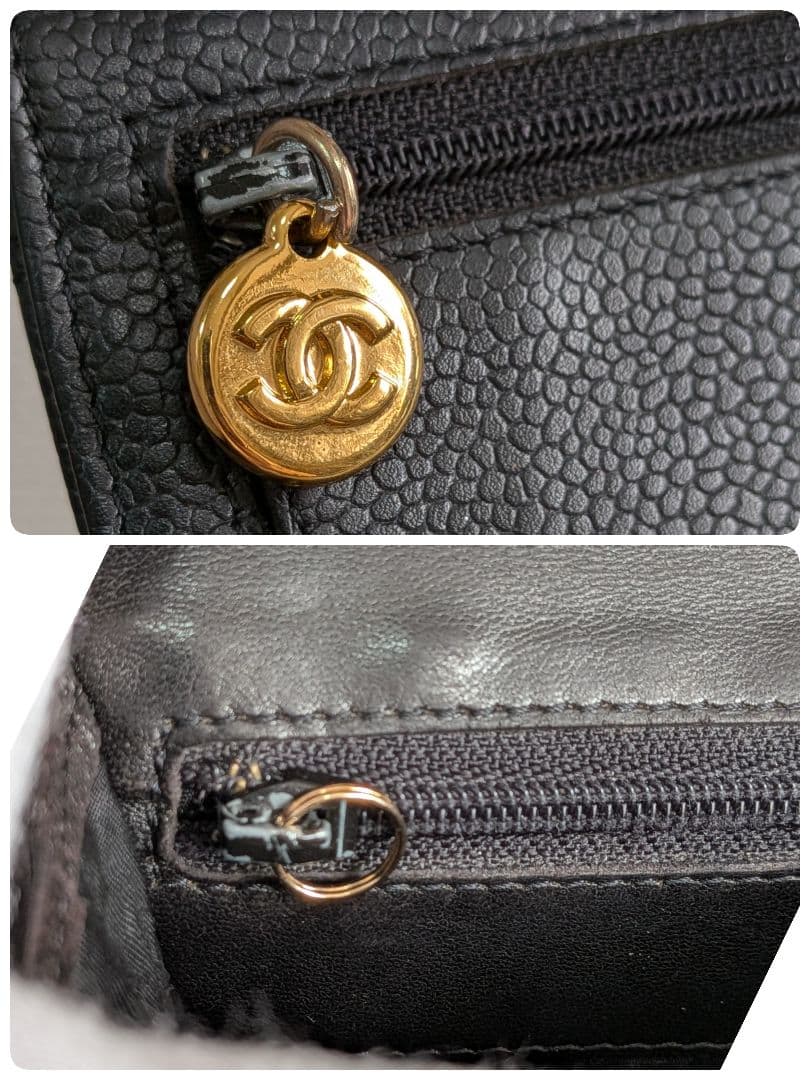 シャネル　デカココ　ミニ財布　黒　キャビアスキン　チェーンウォレット　小銭入れ