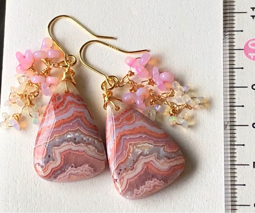 天然石♡レア♡ピンククレイジーレースアゲートのピアス14kgf