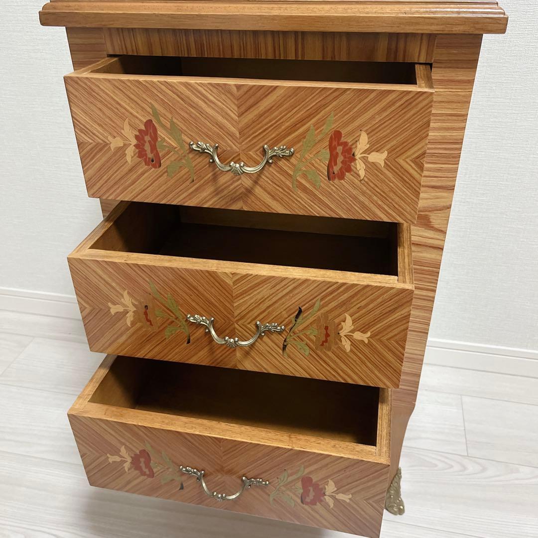 希少 高級 イタリア製 象嵌 チェスト 3段 サイドチェスト 真鍮装飾 天然木