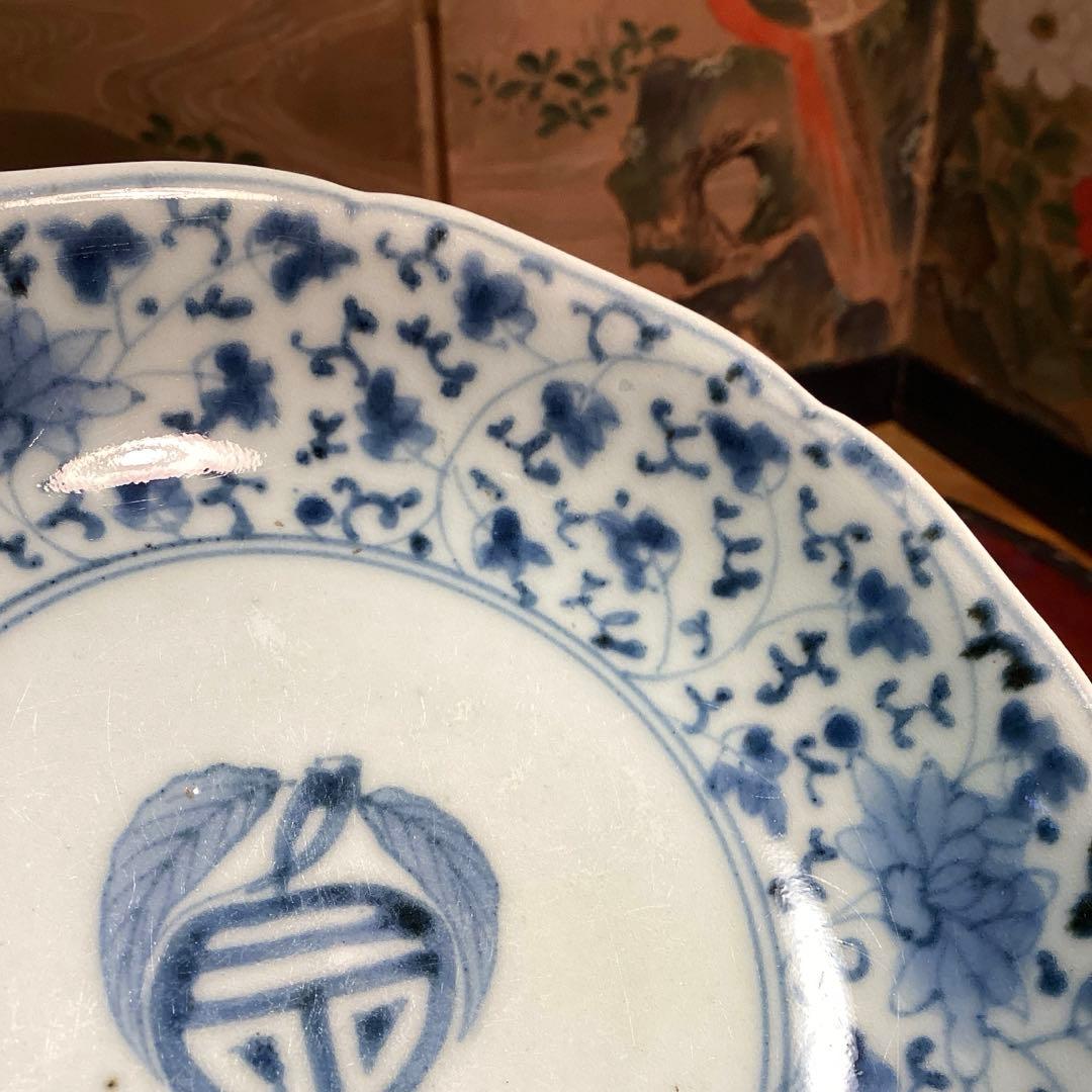 A995❶古伊万里　染付（柿右衛門）花唐草　見込栗紋様　輪花型　膾皿　1枚