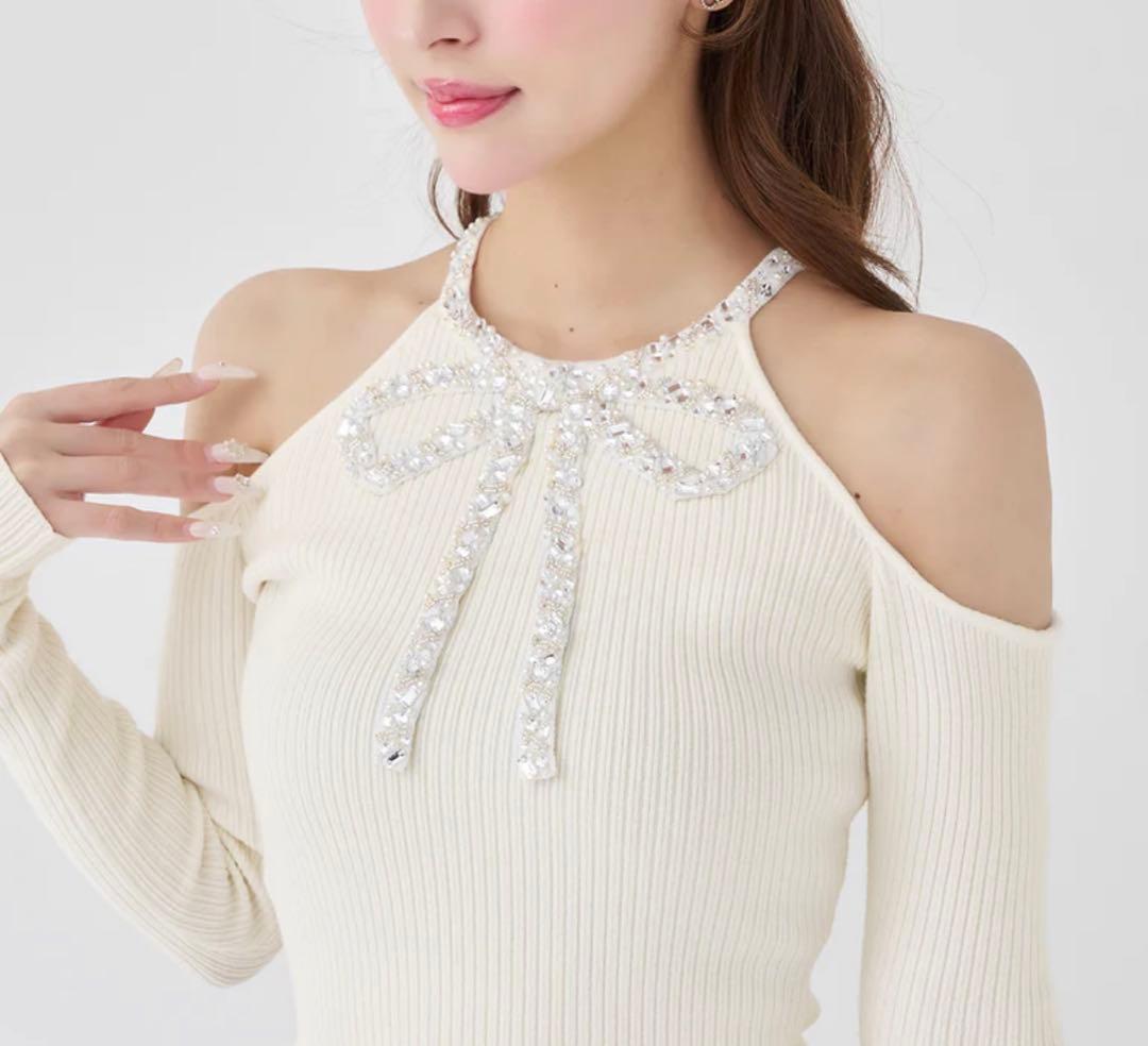 Darich ダーリッチ　リボンビジューアメスリニットトップス　アイボリー