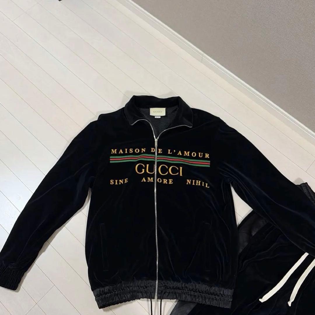 GUCCI グッチ20SS刺繍ロゴシェニールベロアセットアップブルゾンSパンツM