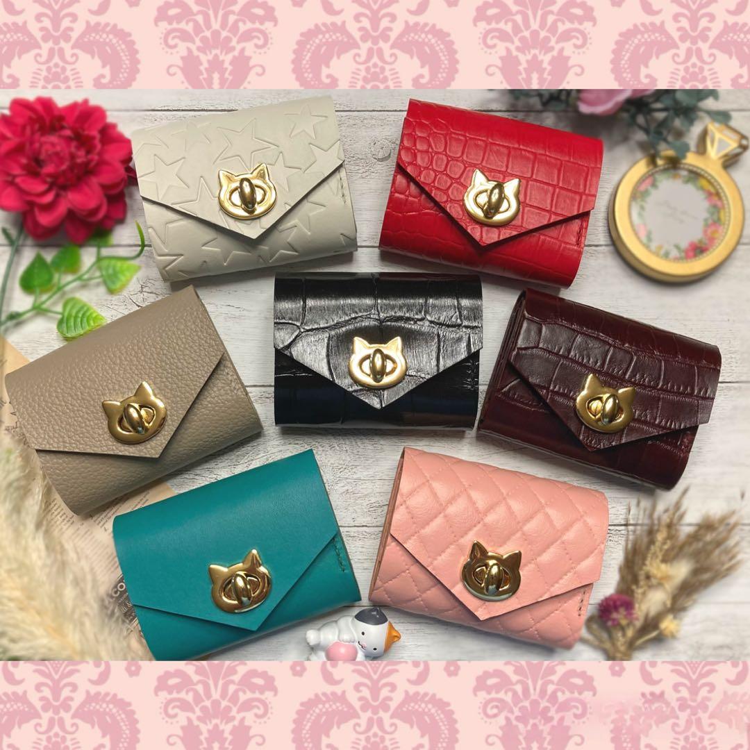 ❤【可愛さ×高級感♪】お洒落可愛い猫の総本革コンパクトミニ財布 桜色 薄ピンク