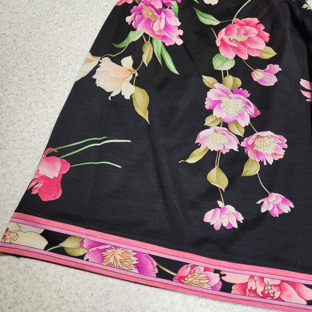 【大きいサイズ 73】レオナール シルク混 トリム 花柄 ウール スカート黒