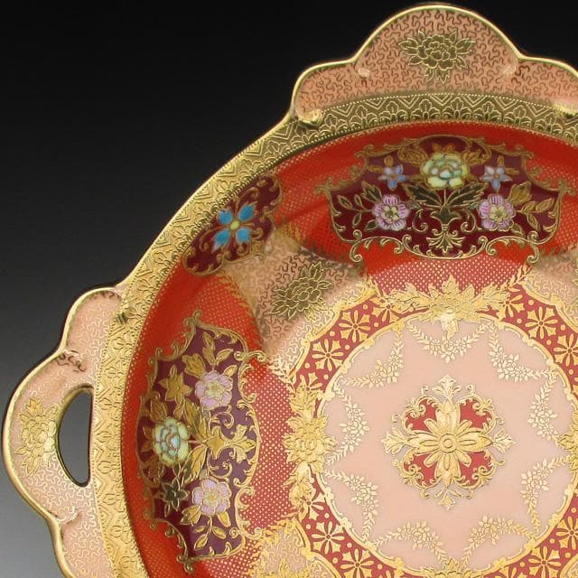 オールドノリタケ オレンジ色地金盛り花文 スクエアボウル 23cm