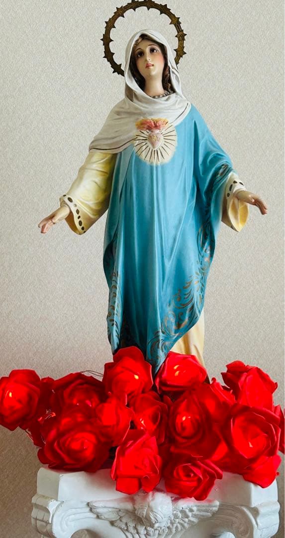 【超超希少52cm】✞ 両腕を広げる聖心の聖母マリア像　宗教彫刻　アンティーク