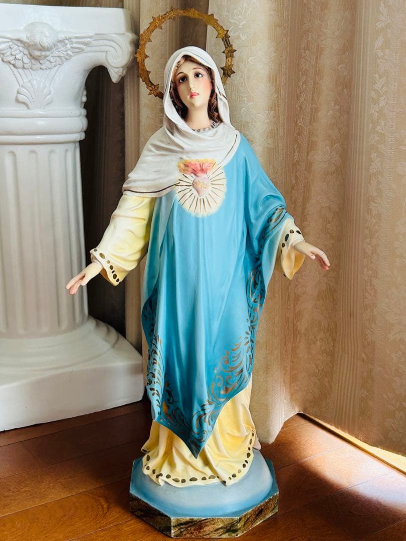 【超超希少52cm】✞ 両腕を広げる聖心の聖母マリア像　宗教彫刻　アンティーク